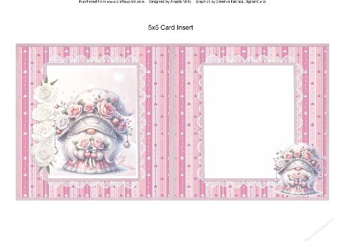 Valentines Gnomes & Bears 12: Bouquet Gnome 5 x 5 Card Insert with Pink Striped Background