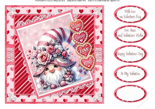 Valentines Gnomes & Bears 13: Rose Hat Gnome 8 x 8 Quick Card Front with Sentiments