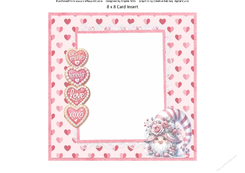 Valentines Gnomes & Bears 13: Rose Hat Gnome 8 x 8 Card Insert with Pink Hearts Background