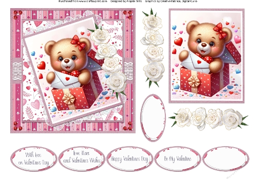Valentines Gnomes & Bears 14: Gift Box Bear 6 x 6 Card Front with Topper, Decoupage & Sentiments