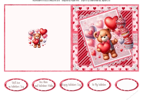 Valentines Gnomes & Bears 15: Heart Balloons Bear 5 x 5 Quick Cut & Fold Card with Sentiments