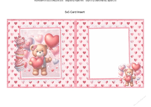 Valentines Gnomes & Bears 15: Heart Balloons Bear 5 x 5 Card Insert with Pink Hearts Background