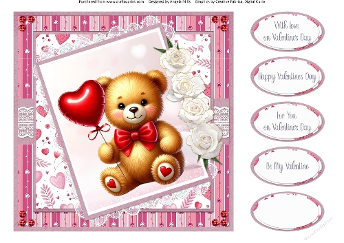 Valentines Gnomes & Bears 16:Teddy & Heart Balloon 8 x 8 Quick Card Front with Sentiments