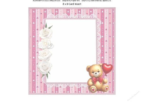 Valentines Gnomes & Bears 16:Teddy & Heart Balloon 8 x 8 Card Insert with Pink Stripes Background