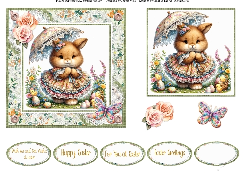 Bright Easter 5: Lace Parasol Bunny 6 x 6 Card Front with Topper and Sentiments