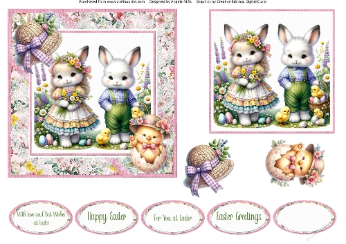 Bright Easter 8: Bunny Couple 6 x 6 Card Front with Topper, Decoupage & Sentiments