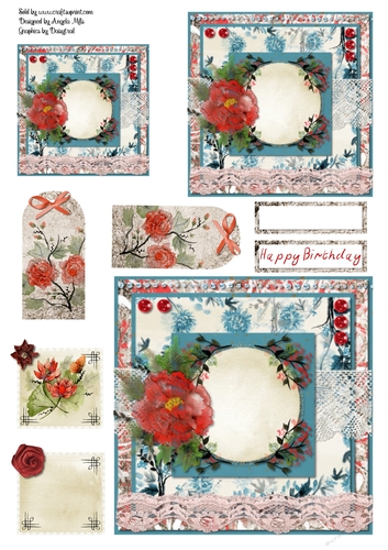 A4 Sheet with Oriental Blossom 6 x 6 Card Front, Toppers, Tags and Sentiment Toppers