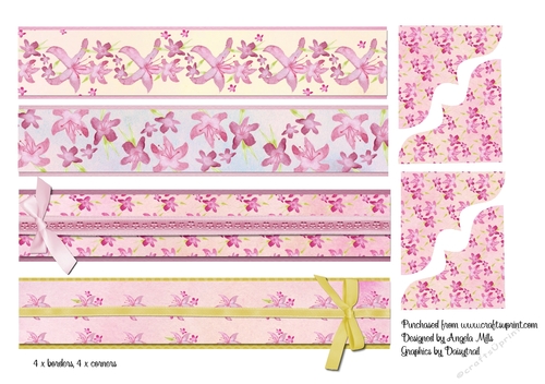 A4 Lily Borders and Corners Set Pink/Yellow with Ribbons & Bows