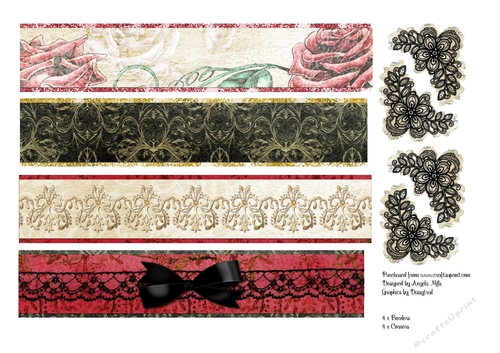 A4 Roses Borders and Corners Sheet Red/Cream/Black Lace