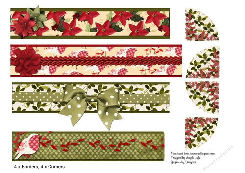 A4 Christmas Borders and Corners Poinsettia, Robin, Holly Red/Green