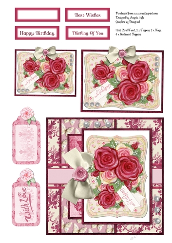 A4 Rose with Bow 6 x 6 Card Front and Toppers Sheet Red/Pink/Cream