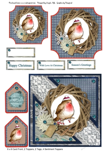 A4 Christmas 6 x 6 Card Front and Toppers Robin/Wreath Blue/Red