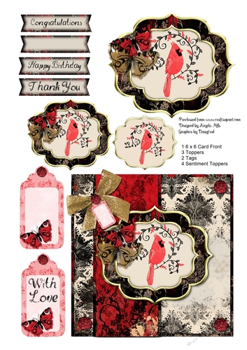 A4 Cardinal Bird 6 x 6 Card Front with Toppers, Tags & Sentiments. Red/Black/Cream/Gold