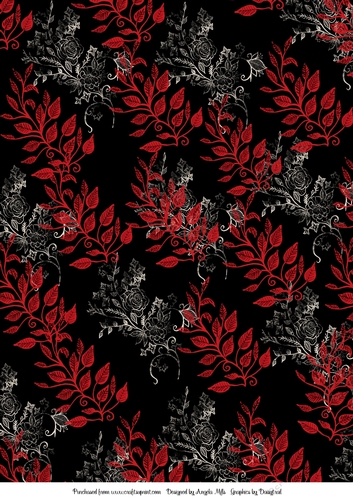 A4 Background Paper Black Red/Cream Floral/Leaf