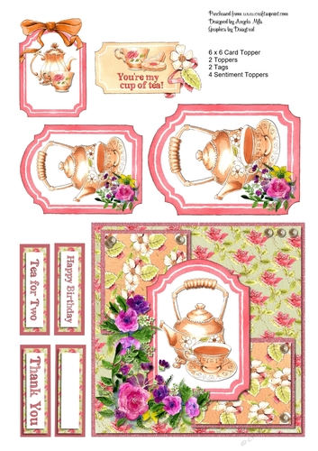 6 x 6 Tea Time Card Front, Tags and Toppers Pink/Green