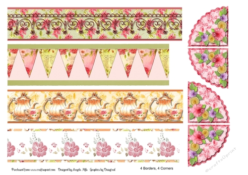 A4 Set of Teatime Borders and Corners Pink/Green/Peach Floral