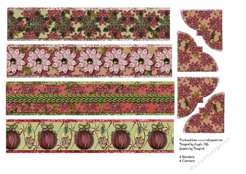 A4 Set of Four Christmas Borders and Corners. Poinsettias/Snowflakes/Baubles Red and Green