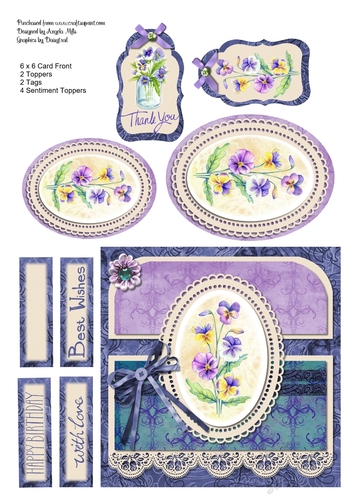 6 x 6 Pansies Card Front with Toppers, Tags and Sentiment Toppers. Purple/Lilac/Teal/Cream
