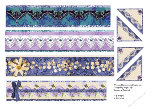 A4 Set of Four Lilac/Teal Borders and Corners. Lilac/Teal/Purple/Cream
