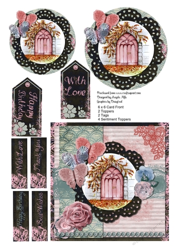 6 x 6 Fairy Door Card Front with Toppers, Tags and Sentiments. Pink/Aqua/Black