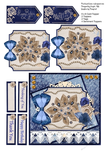6 x 6 Midnight Blue Flowers Card Front with Tags and Sentiment Toppers Midnight Blue/Cream