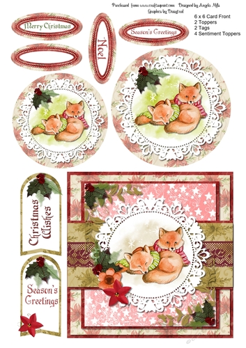 6 x 6 Christmas Foxes Card Front with Toppers, Tags and Sentiment Toppers