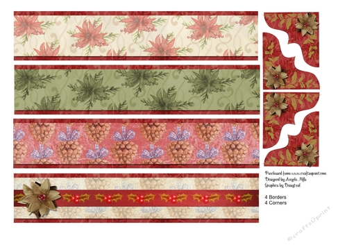 A4 Christmas Borders and Corners, Poinsettias/Pine Cones Red/Green/Cream