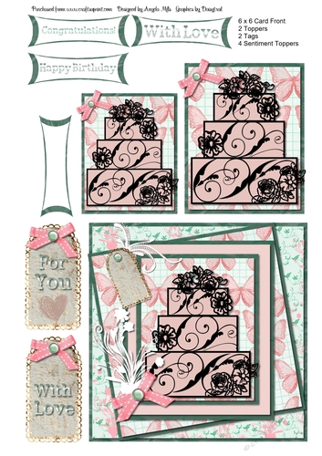 Three Tier Cake 6 x 6 Card Front with Toppers, Tags and Sentiments Aqua/Peach