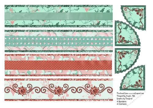 A4 Set of Four Borders and Corners Aqua/Peach, Ribbon/Lace/Bead Trims