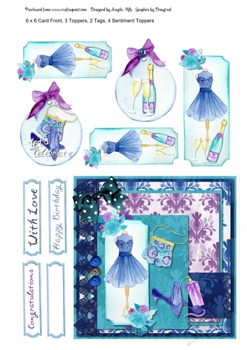 Ladies Night 6 x 6 Card Front with Toppers, Tags and Sentiments Turquoise/Teal,Purple