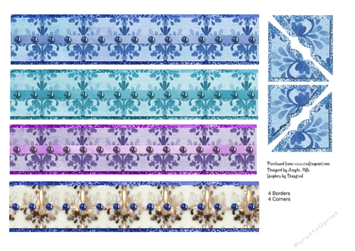 A4 Set of Four Borders and Corners Turquoise/Purple/Blue/Cream  with Beads/Ribbon 