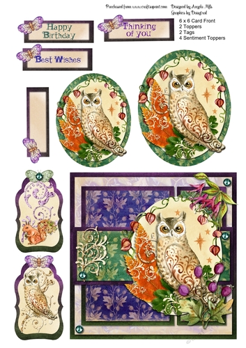 6 x 6 Owl Card Front with Toppers, Tags and Sentiments Violet/Green/Cream