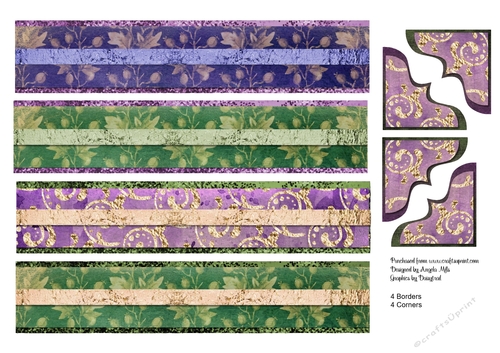 A4 Set of Four Borders and Corners Green/Violet with Glitter Edging and Ribbon 