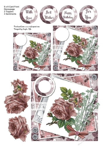 6 x 6 Vintage Roses Card Front with Decoupage, Toppers and Sentiments Dusky Rose/Grey