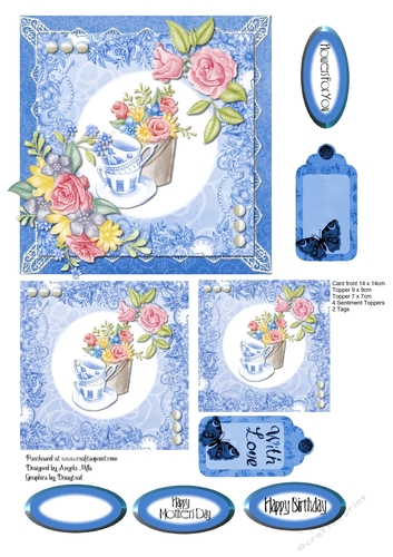 6 x 6 Floral/Teacups Card Front in Blue with Toppers, Sentiment Toppers and Tags