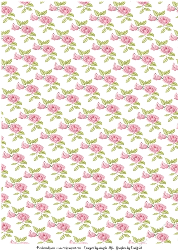 A4 Background Paper Pink/Green Rose on White