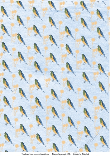 A4 Background Paper Blue Birds and Daisies Blue/Green