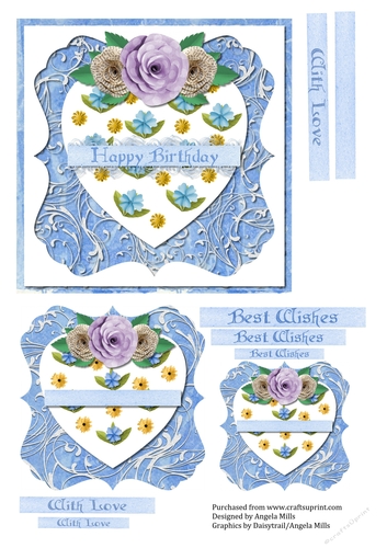 6 x 6 Floral/HeartCard Front, Lacy Blue and White with Toppers and Sentiment Tags
