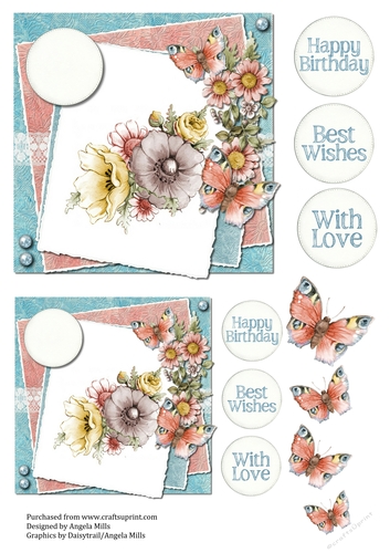 6 x 6 Blue/Pink Card Front Floral Butterflies with Sentiment Toppers and Butterfly Decoupage