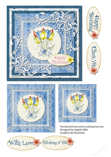 6 x 6 Lacy Blue Tulip Bouquet Card Front with 2 Toppers, 4 Sentiment Toppers. 