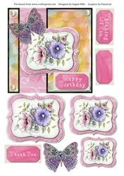 6 x 6 Chalk Effect Card with Toppers and Sentiment Toppers. Pink/Violet/Orange Flowers and Butterflies