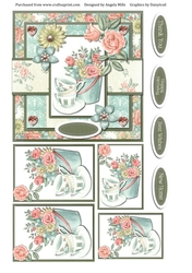 6 x 6 Card with Toppers and Sentiment Toppers Rose/Teacups Floral