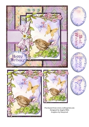 6 x 6 Bird and Butterflies Card Front Lilac/Yellow/Pink with Toppers and Sentiment Toppers