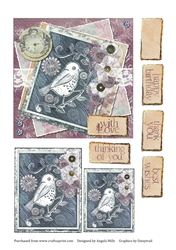 6 x 6 Card Front, Woodcut Effect Bird, Shabby/Handcrafted Violet/Indigo