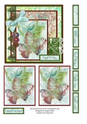 6 x 6 Card Front, Stamped/Watercolour Butterflies with Toppers and Sentiment Toppers Green/Pink
