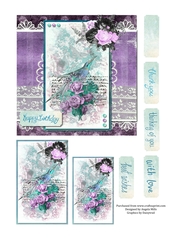 6 x 6 Card Front Vintage Bird Design with Lace, Toppers and Sentiment Toppers Teal/Violet