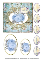 6 x 6 Card Front Shabby Chic Blue Floral with Toppers and Sentiment Toppers