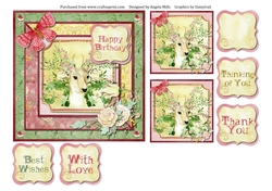 6 x 6 Card Front Floral Deer/Butterfly with Toppers and Sentiments Pink/Green/Yellow
