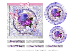 6 x 6 Card Front Hydrangea/Roses Bouquet with Lace/Butterflies, Lilac/Pink/White