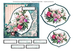 6 x 6 Card Front Rose Ephemera with Toppers and Sentiments, Peach/Teal